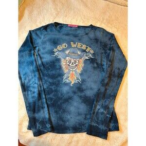 Y2K Rare Cyber Grunge Womens M Graphic Western Skull Blue Tie Die Rhinestone Top